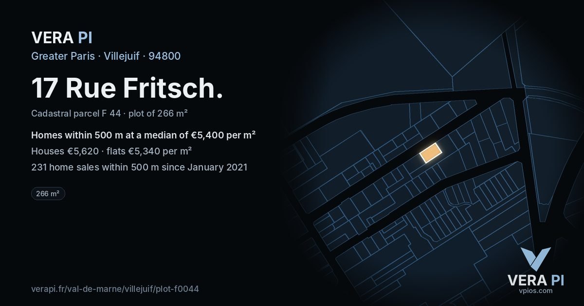 17 Rue Fritsch, Villejuif at night – the plot lit, the parcels around coloured by the prices near them