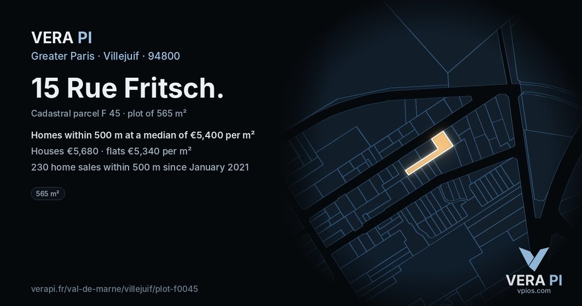 15 Rue Fritsch, Villejuif at night – the plot lit, the parcels around coloured by the prices near them