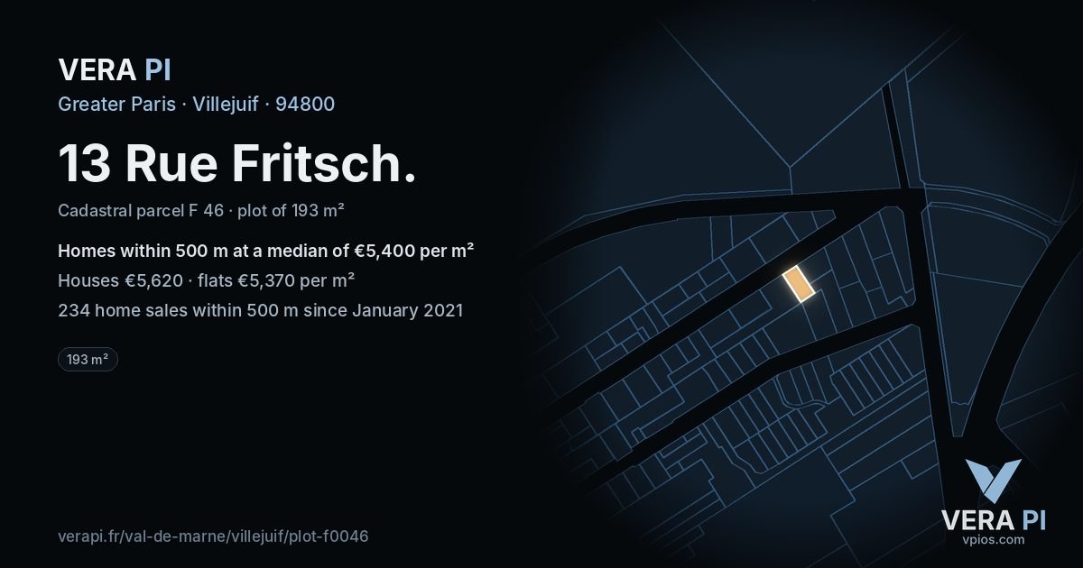 13 Rue Fritsch, Villejuif at night – the plot lit, the parcels around coloured by the prices near them