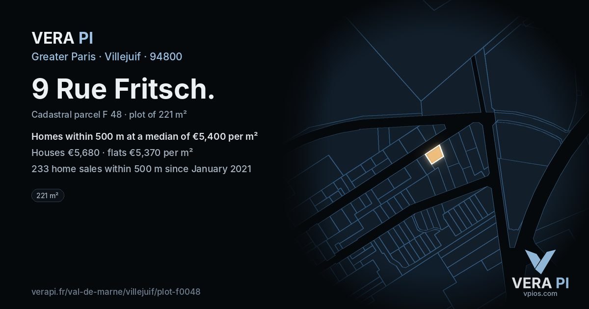 9 Rue Fritsch, Villejuif at night – the plot lit, the parcels around coloured by the prices near them