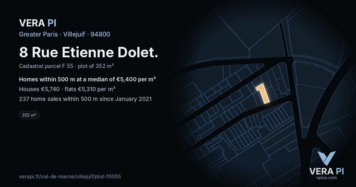 8 Rue Etienne Dolet, Villejuif at night – the plot lit, the parcels around coloured by the prices near them