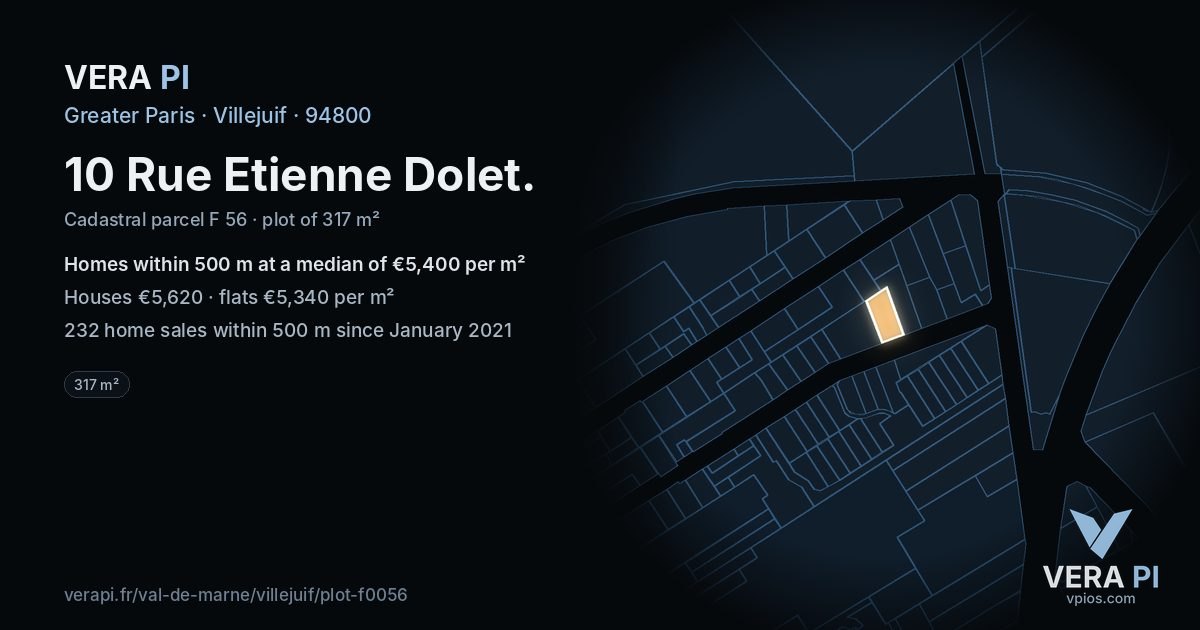 10 Rue Etienne Dolet, Villejuif at night – the plot lit, the parcels around coloured by the prices near them