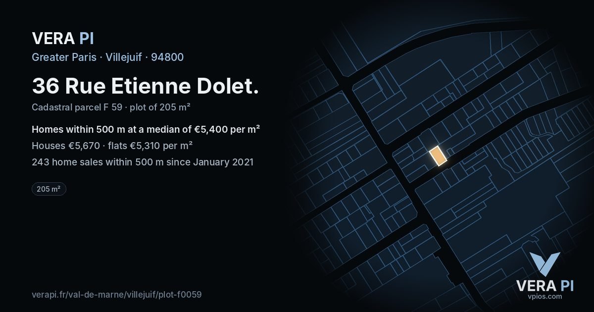36 Rue Etienne Dolet, Villejuif at night – the plot lit, the parcels around coloured by the prices near them