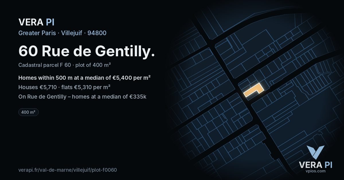 60 Rue de Gentilly, Villejuif at night – the plot lit, the parcels around coloured by the prices near them