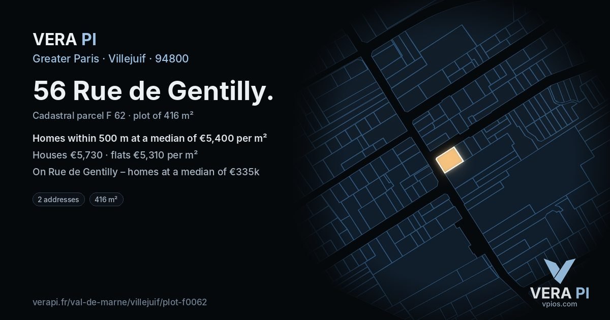56 Rue de Gentilly, Villejuif at night – the plot lit, the parcels around coloured by the prices near them