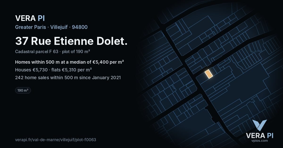 37 Rue Etienne Dolet, Villejuif at night – the plot lit, the parcels around coloured by the prices near them