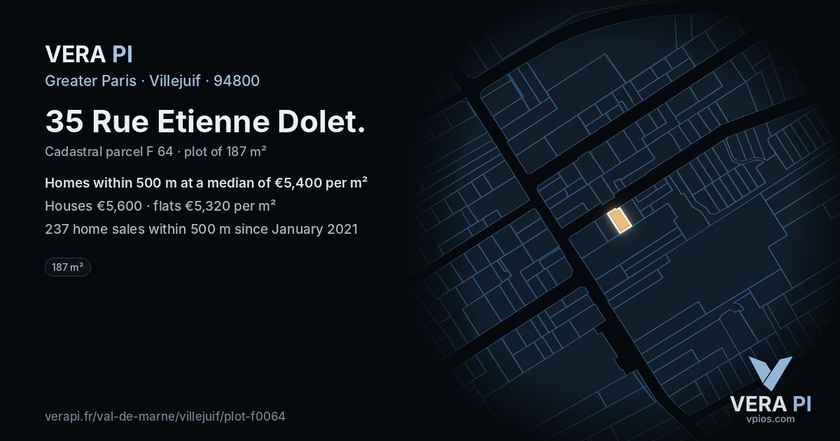 35 Rue Etienne Dolet, Villejuif at night – the plot lit, the parcels around coloured by the prices near them