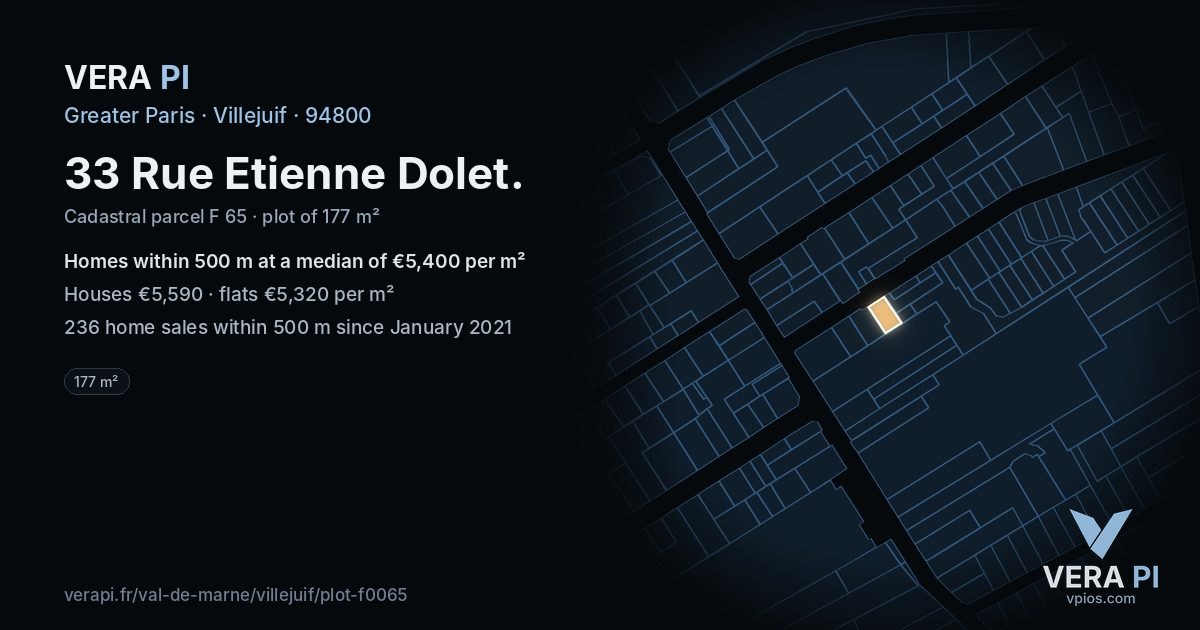 33 Rue Etienne Dolet, Villejuif at night – the plot lit, the parcels around coloured by the prices near them