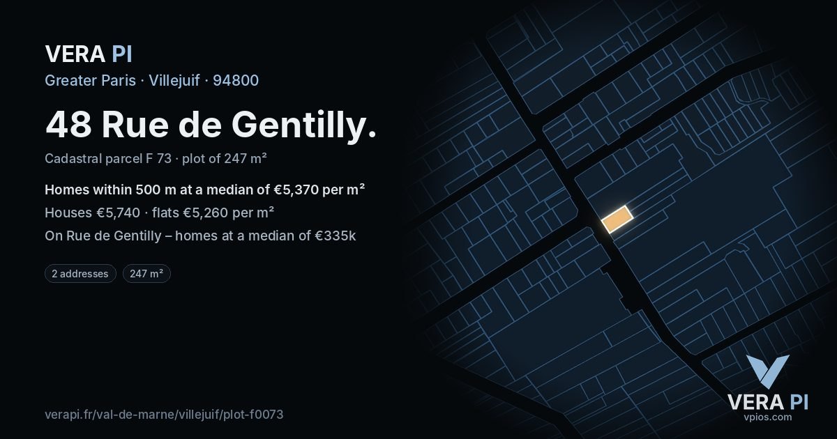 48 Rue de Gentilly, Villejuif at night – the plot lit, the parcels around coloured by the prices near them