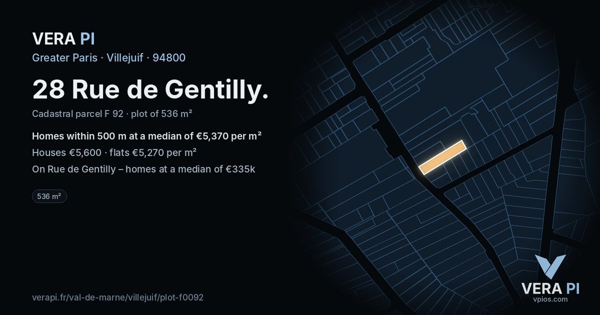 28 Rue de Gentilly, Villejuif at night – the plot lit, the parcels around coloured by the prices near them