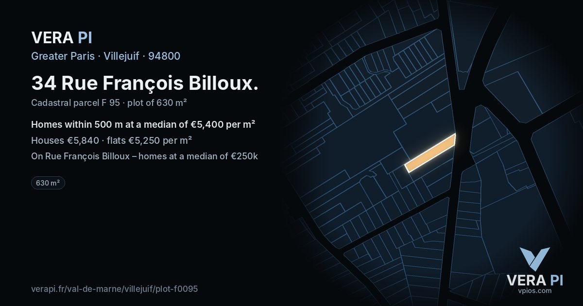 34 Rue François Billoux, Villejuif at night – the plot lit, the parcels around coloured by the prices near them
