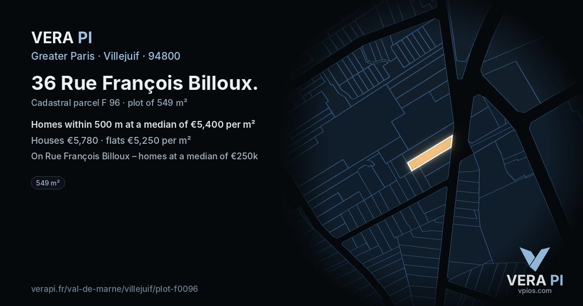 36 Rue François Billoux, Villejuif at night – the plot lit, the parcels around coloured by the prices near them