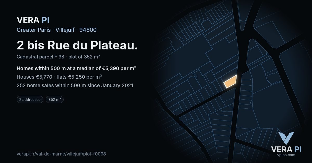 2 bis Rue du Plateau, Villejuif at night – the plot lit, the parcels around coloured by the prices near them