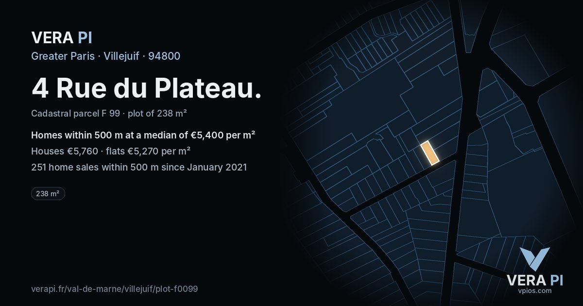 4 Rue du Plateau, Villejuif at night – the plot lit, the parcels around coloured by the prices near them