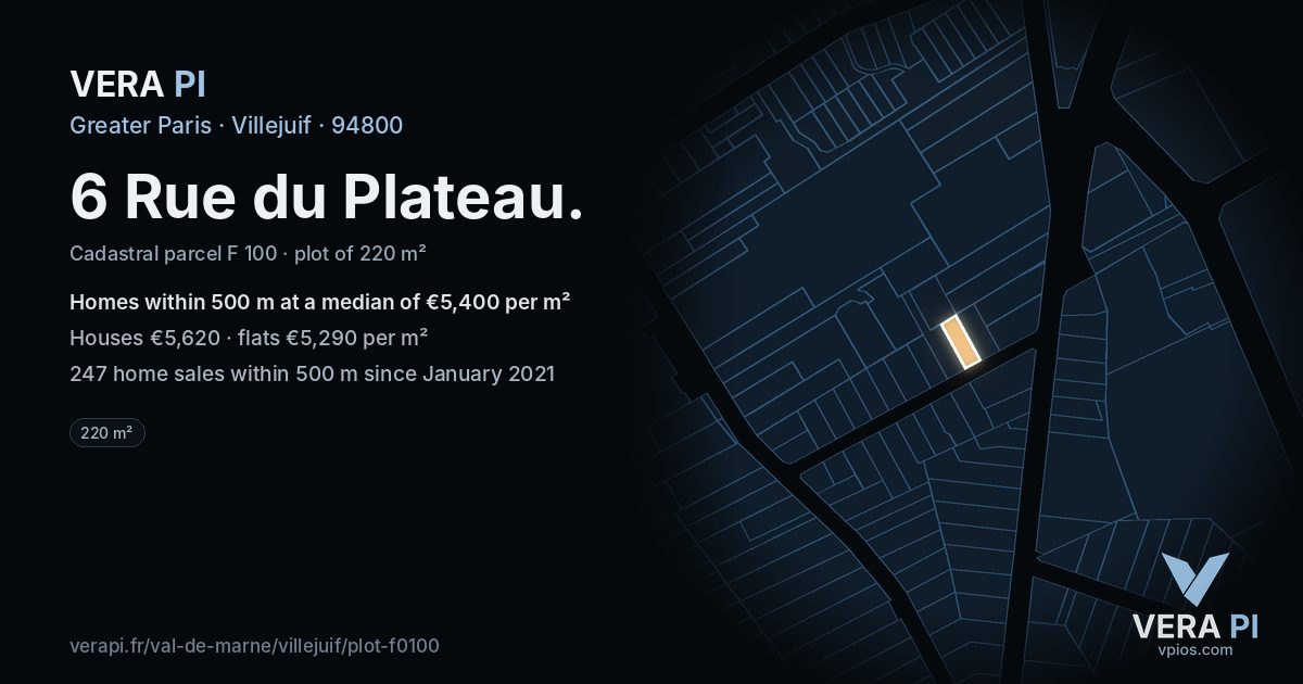 6 Rue du Plateau, Villejuif at night – the plot lit, the parcels around coloured by the prices near them