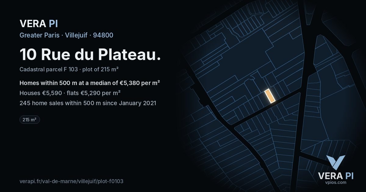 10 Rue du Plateau, Villejuif at night – the plot lit, the parcels around coloured by the prices near them