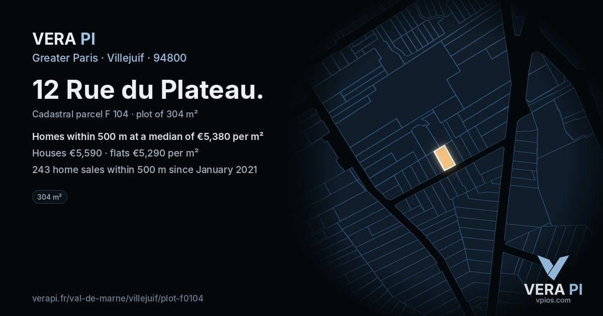 12 Rue du Plateau, Villejuif at night – the plot lit, the parcels around coloured by the prices near them