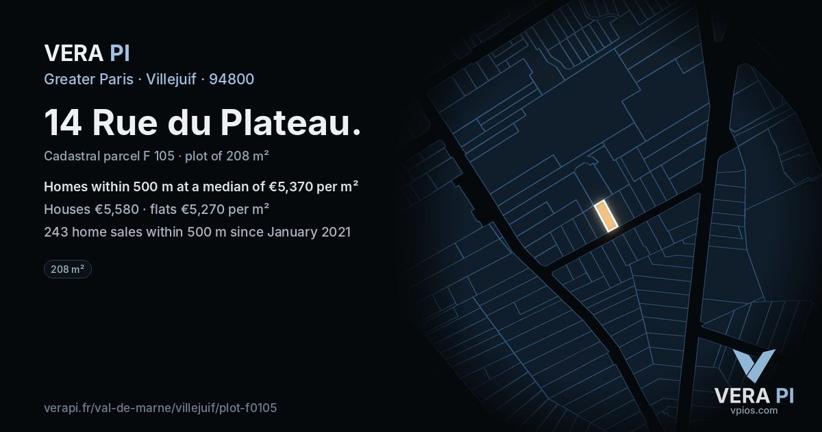 14 Rue du Plateau, Villejuif at night – the plot lit, the parcels around coloured by the prices near them