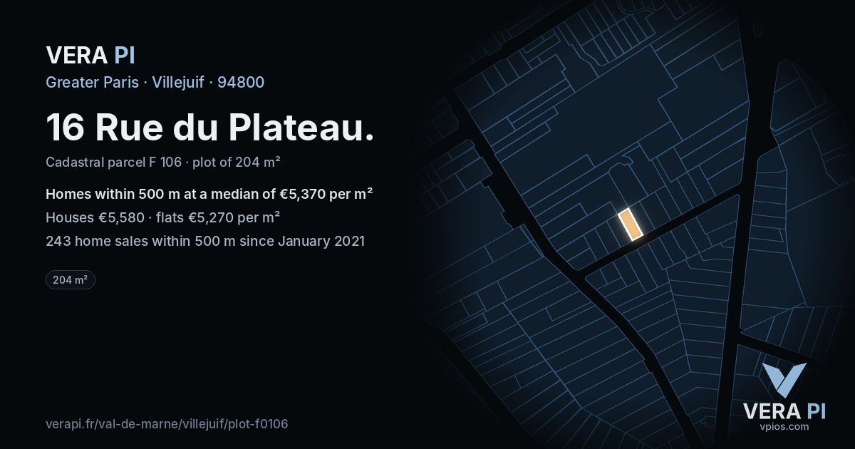 16 Rue du Plateau, Villejuif at night – the plot lit, the parcels around coloured by the prices near them
