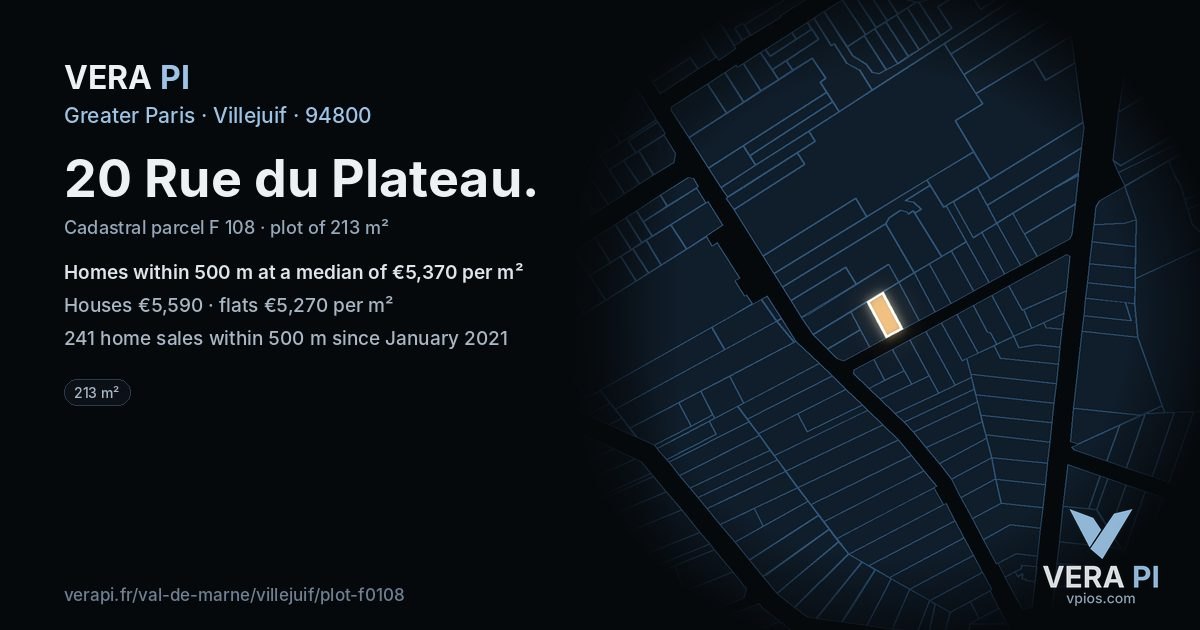 20 Rue du Plateau, Villejuif at night – the plot lit, the parcels around coloured by the prices near them