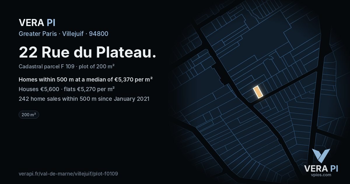 22 Rue du Plateau, Villejuif at night – the plot lit, the parcels around coloured by the prices near them