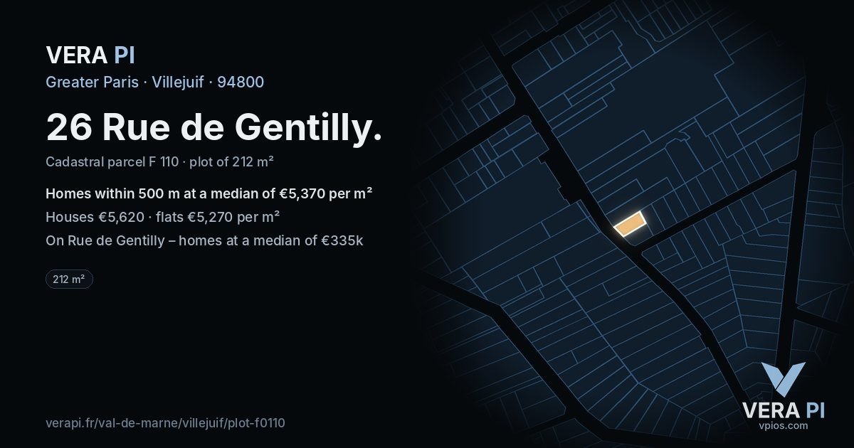 26 Rue de Gentilly, Villejuif at night – the plot lit, the parcels around coloured by the prices near them