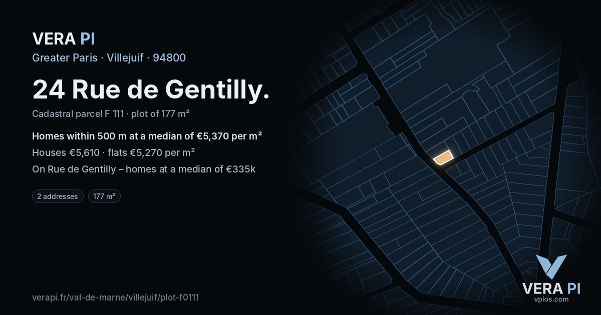 24 Rue de Gentilly, Villejuif at night – the plot lit, the parcels around coloured by the prices near them