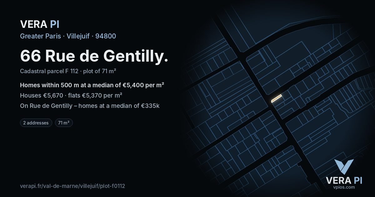 66 Rue de Gentilly, Villejuif at night – the plot lit, the parcels around coloured by the prices near them