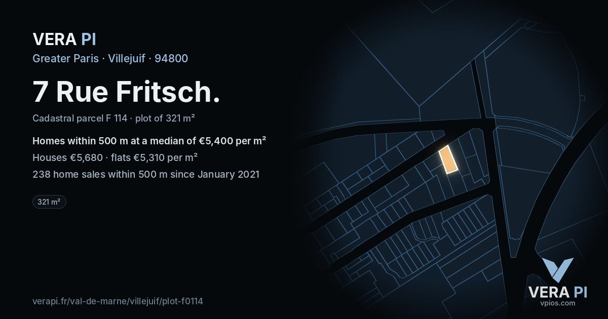 7 Rue Fritsch, Villejuif at night – the plot lit, the parcels around coloured by the prices near them