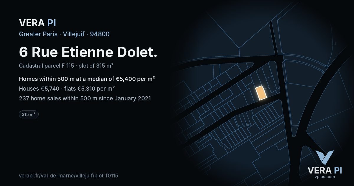 6 Rue Etienne Dolet, Villejuif at night – the plot lit, the parcels around coloured by the prices near them