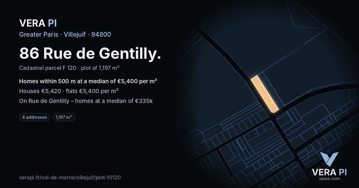 86 Rue de Gentilly, Villejuif at night – the plot lit, the parcels around coloured by the prices near them