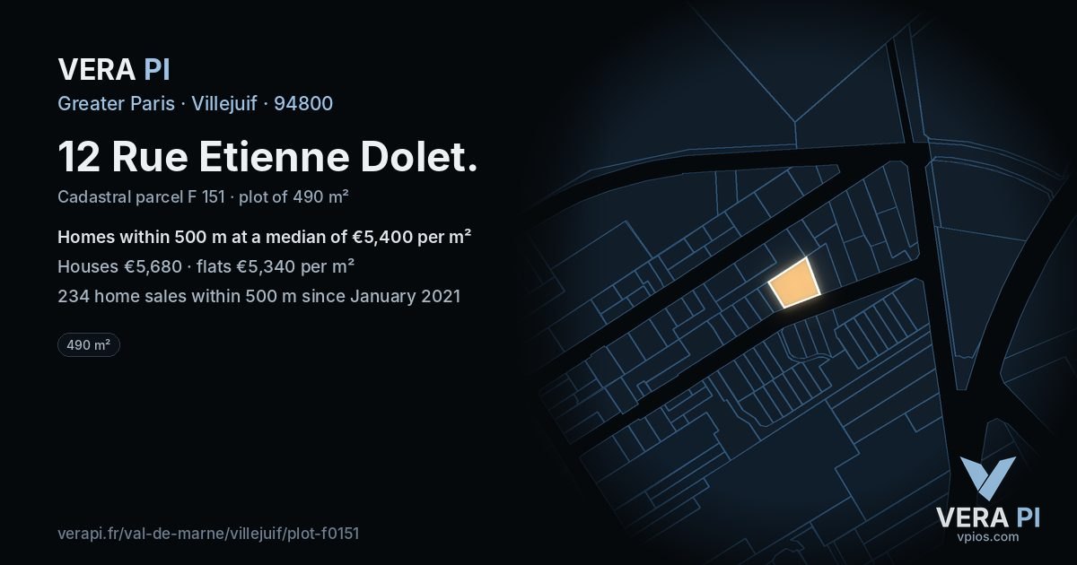 12 Rue Etienne Dolet, Villejuif at night – the plot lit, the parcels around coloured by the prices near them