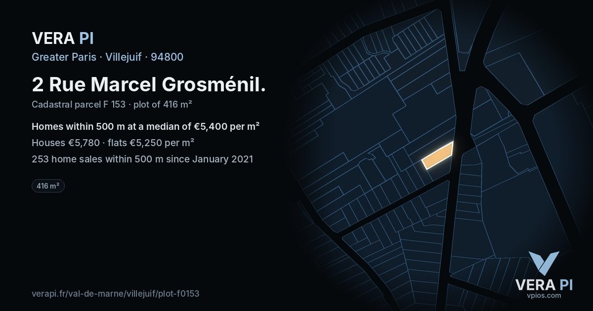 2 Rue Marcel Grosménil, Villejuif at night – the plot lit, the parcels around coloured by the prices near them