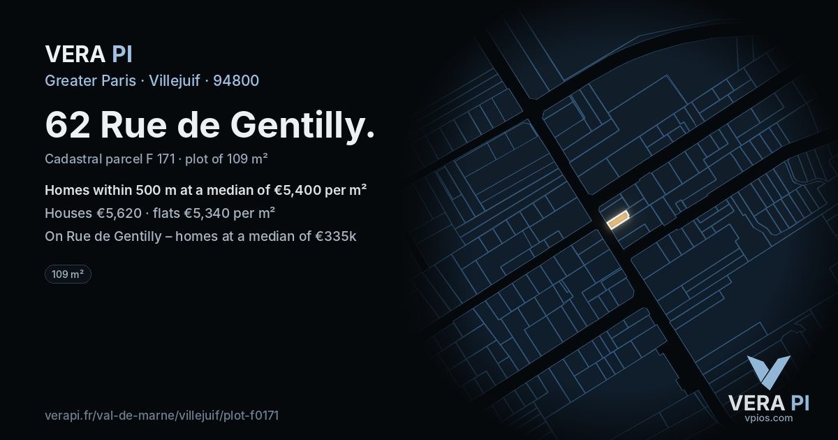 62 Rue de Gentilly, Villejuif at night – the plot lit, the parcels around coloured by the prices near them