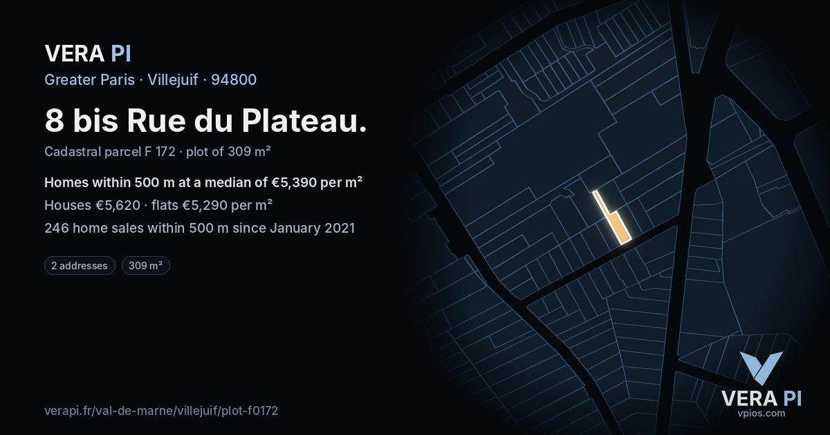 8 bis Rue du Plateau, Villejuif at night – the plot lit, the parcels around coloured by the prices near them