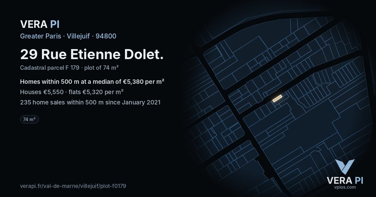 29 Rue Etienne Dolet, Villejuif at night – the plot lit, the parcels around coloured by the prices near them