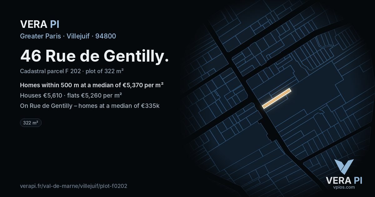 46 Rue de Gentilly, Villejuif at night – the plot lit, the parcels around coloured by the prices near them