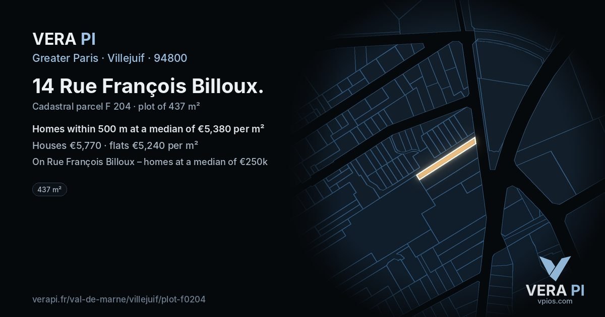 14 Rue François Billoux, Villejuif at night – the plot lit, the parcels around coloured by the prices near them