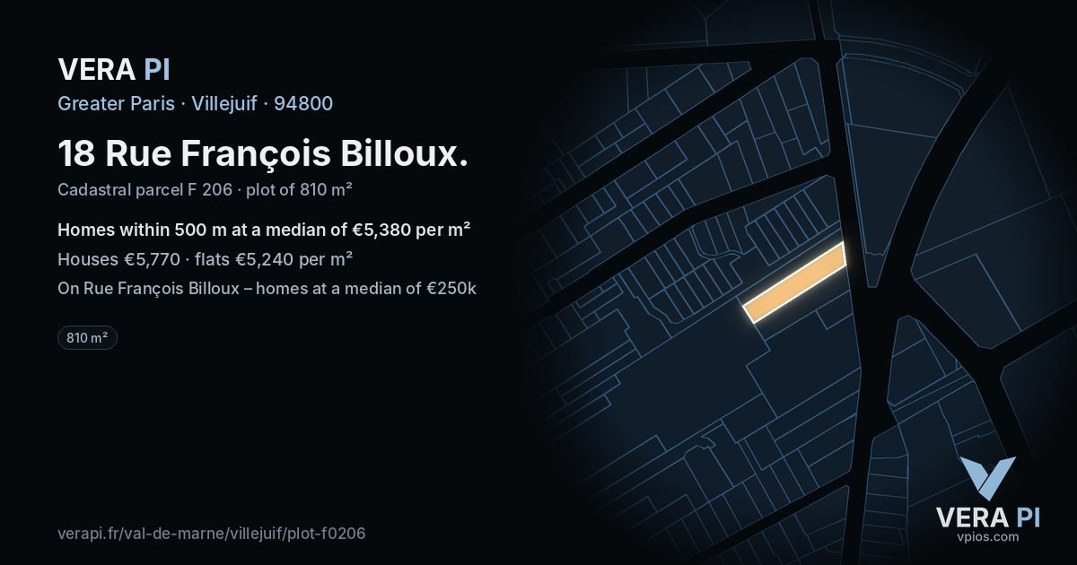 18 Rue François Billoux, Villejuif at night – the plot lit, the parcels around coloured by the prices near them