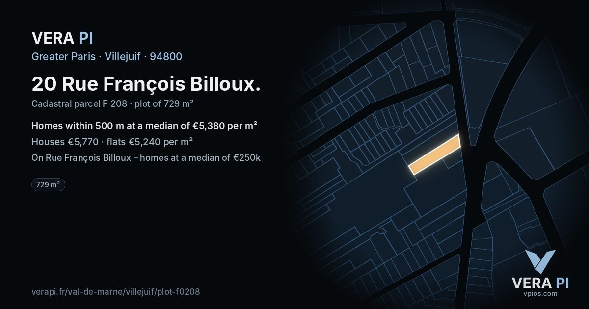 20 Rue François Billoux, Villejuif at night – the plot lit, the parcels around coloured by the prices near them