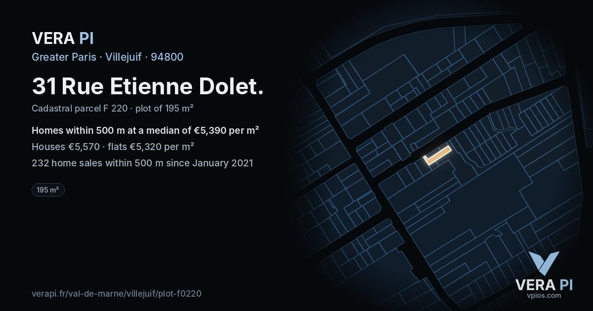 31 Rue Etienne Dolet, Villejuif at night – the plot lit, the parcels around coloured by the prices near them