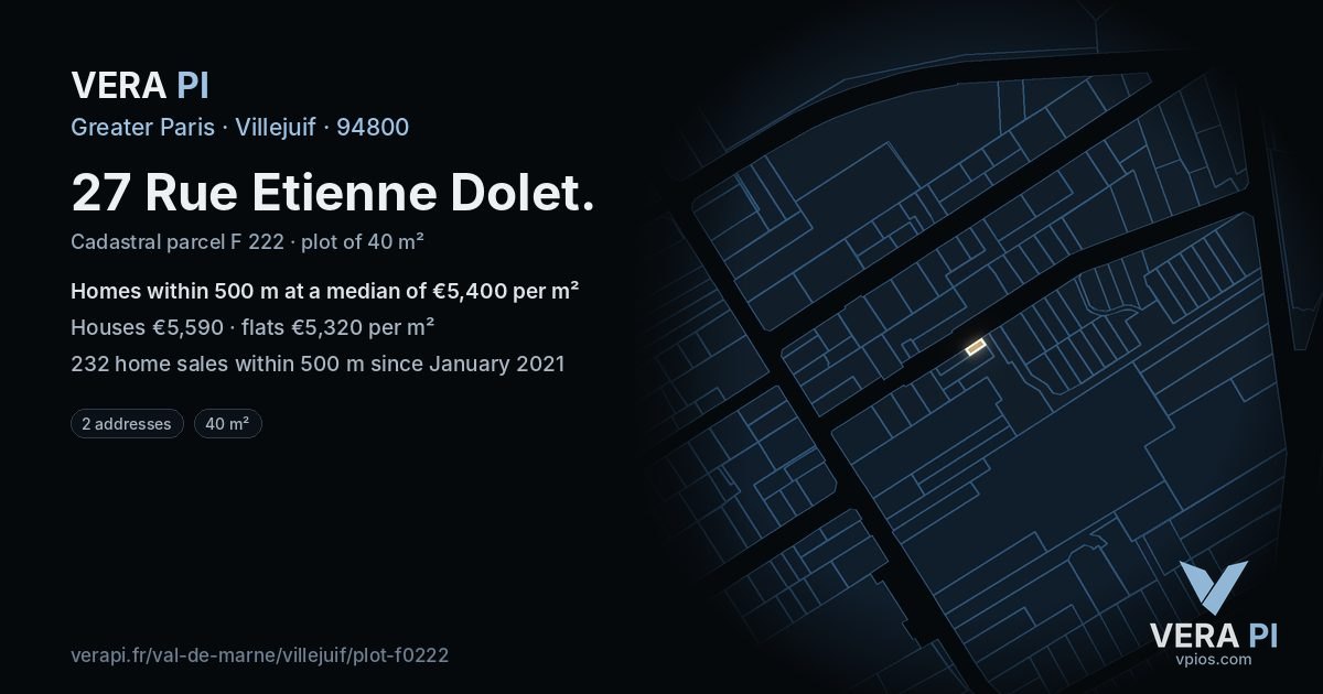 27 Rue Etienne Dolet, Villejuif at night – the plot lit, the parcels around coloured by the prices near them
