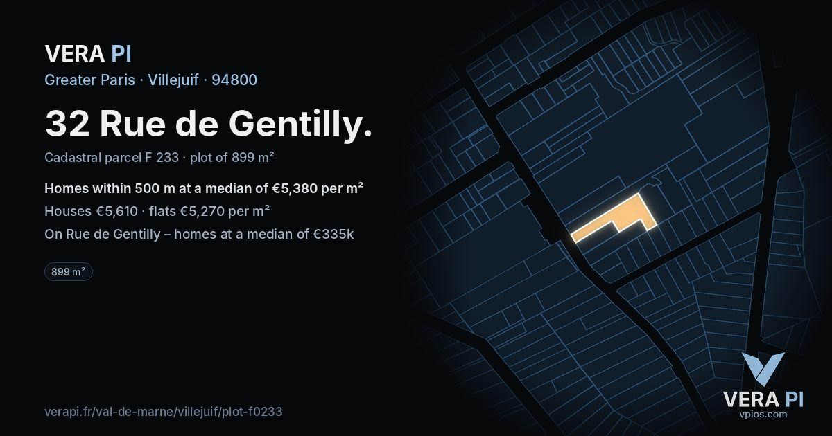 32 Rue de Gentilly, Villejuif at night – the plot lit, the parcels around coloured by the prices near them