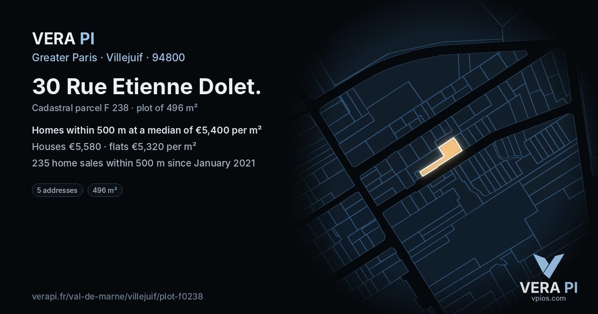 30 Rue Etienne Dolet, Villejuif at night – the plot lit, the parcels around coloured by the prices near them