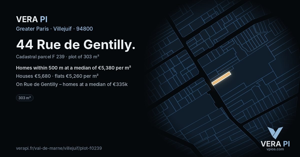 44 Rue de Gentilly, Villejuif at night – the plot lit, the parcels around coloured by the prices near them