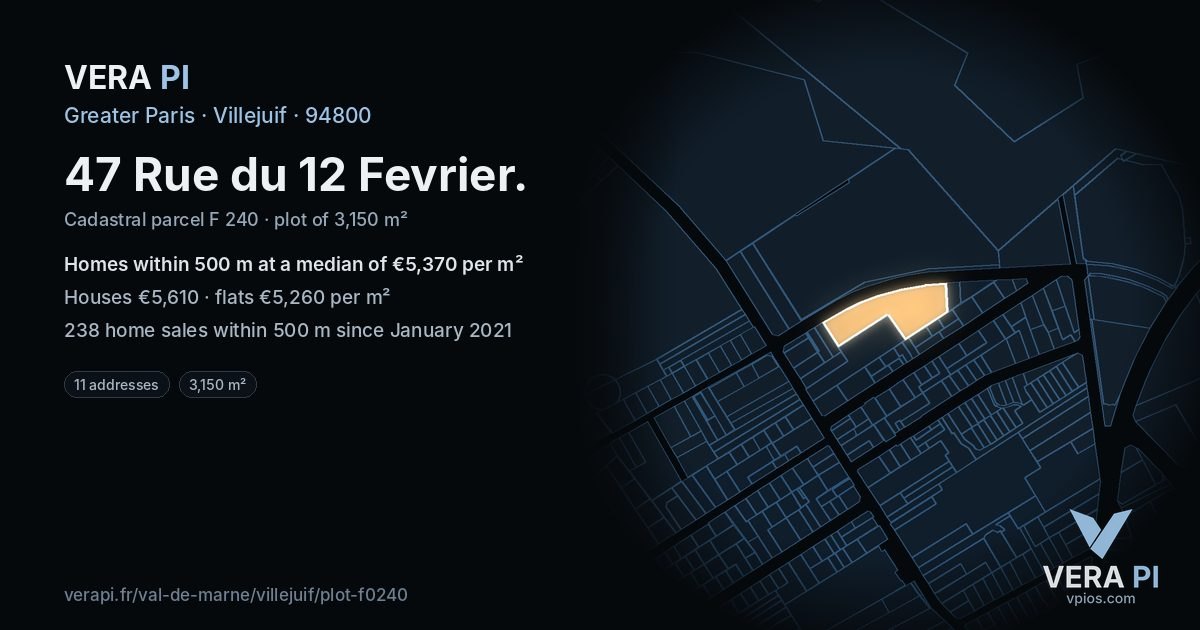 47 Rue du 12 Fevrier, Villejuif at night – the plot lit, the parcels around coloured by the prices near them