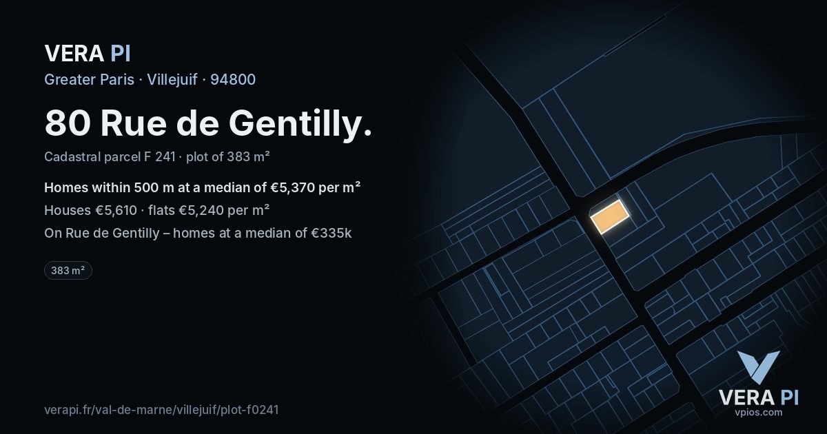 80 Rue de Gentilly, Villejuif at night – the plot lit, the parcels around coloured by the prices near them
