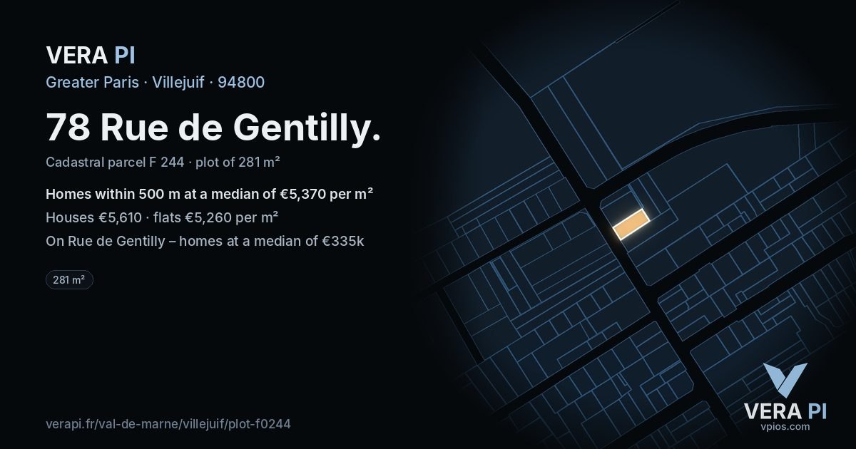 78 Rue de Gentilly, Villejuif at night – the plot lit, the parcels around coloured by the prices near them