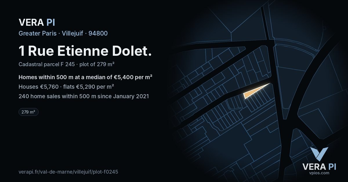 1 Rue Etienne Dolet, Villejuif at night – the plot lit, the parcels around coloured by the prices near them