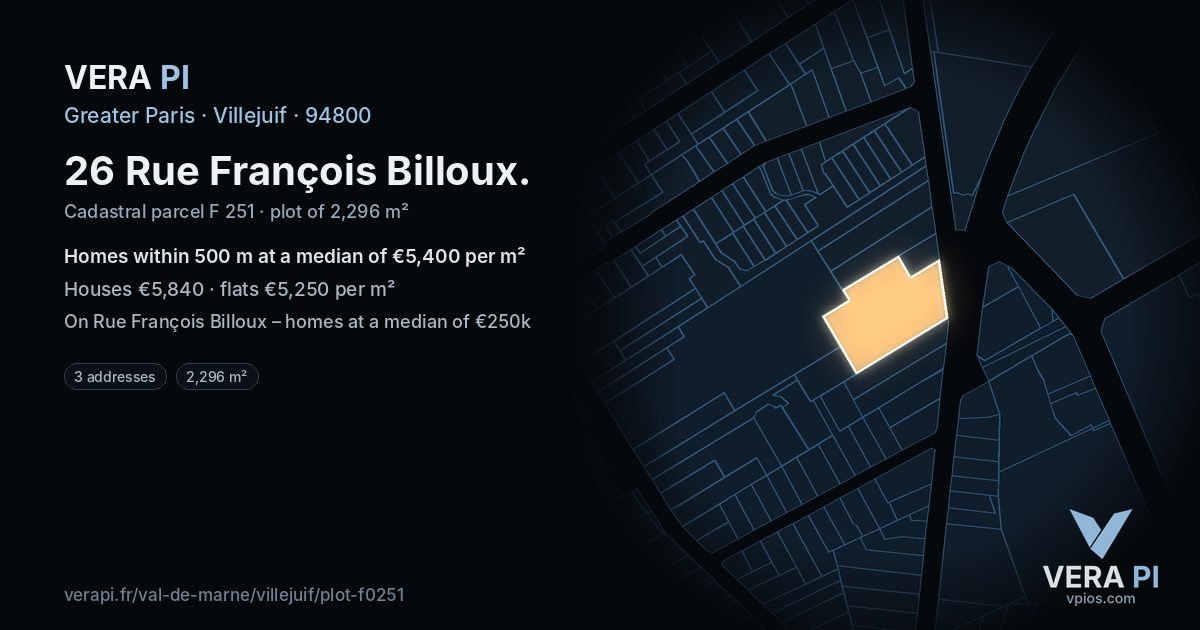 26 Rue François Billoux, Villejuif at night – the plot lit, the parcels around coloured by the prices near them